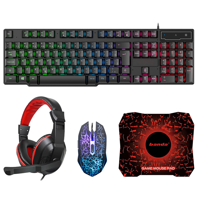 Glowing Keyboard Mouse Headset Mouse Pad for Game Office - Black