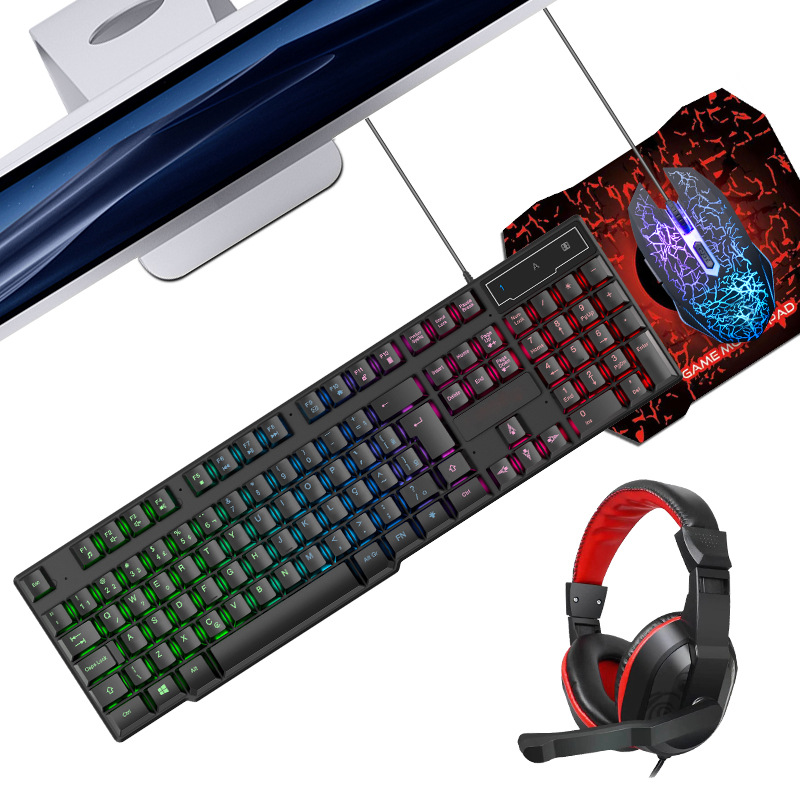Glowing Keyboard Mouse Headset Mouse Pad for Game Office - Black