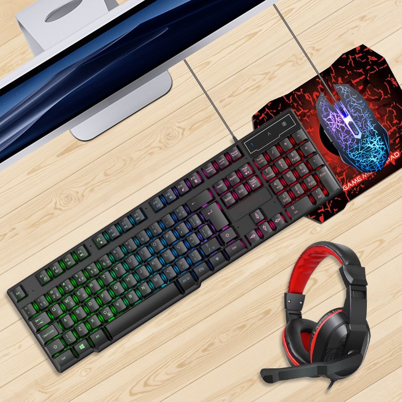 Glowing Keyboard Mouse Headset Mouse Pad for Game Office - Black