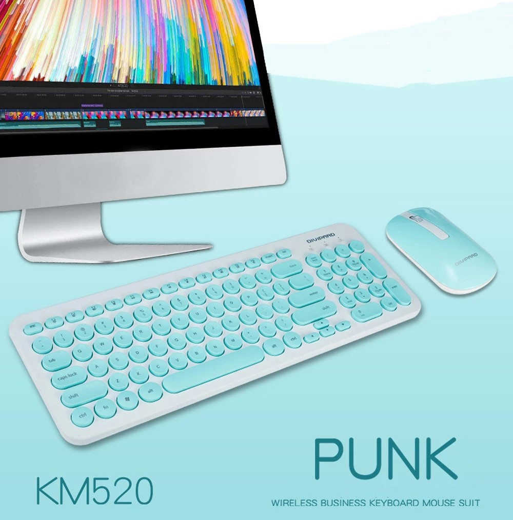 KM520 Slim Mute 2.4G Wireless Keyboard And Mouse Set Punk Style 96 Keys Keyboards for Desktop Laptop - Day Sky Blue