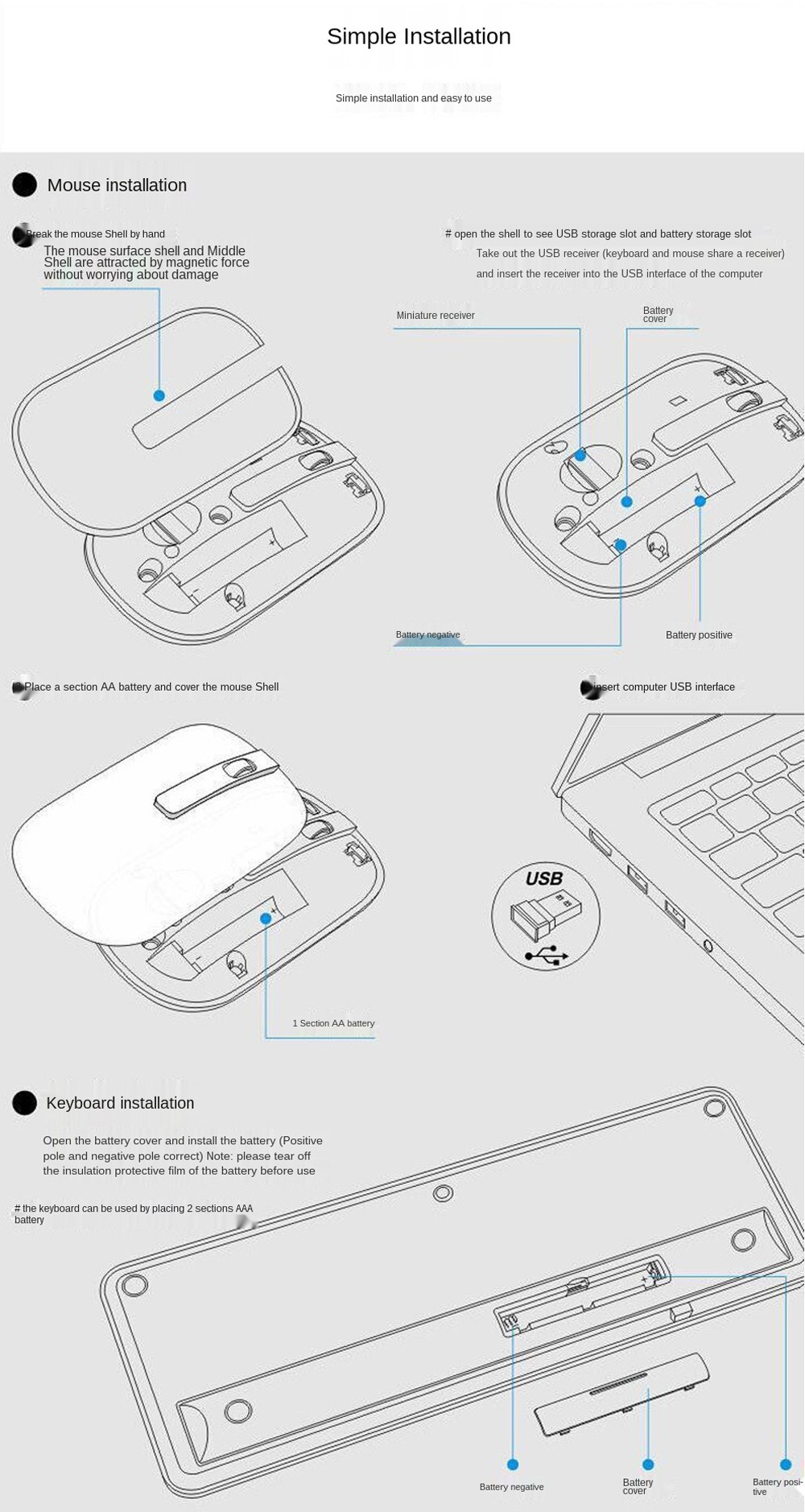 KM520 Slim Mute 2.4G Wireless Keyboard And Mouse Set Punk Style 96 Keys Keyboards for Desktop Laptop - Day Sky Blue