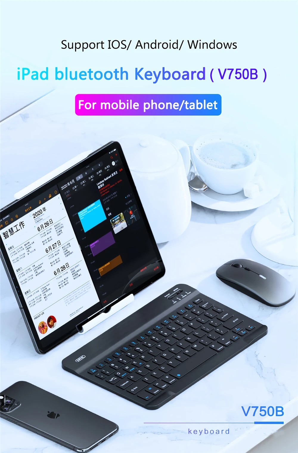 Inphic V750B Wireless Bluetooth Keyboard Chargeable Ultra-thin Waterproof Notebook Mobile Phone Universal Mini Rechargeable Keyboard for iPad Mobile Phone Tablet Android iOS Windows - Black