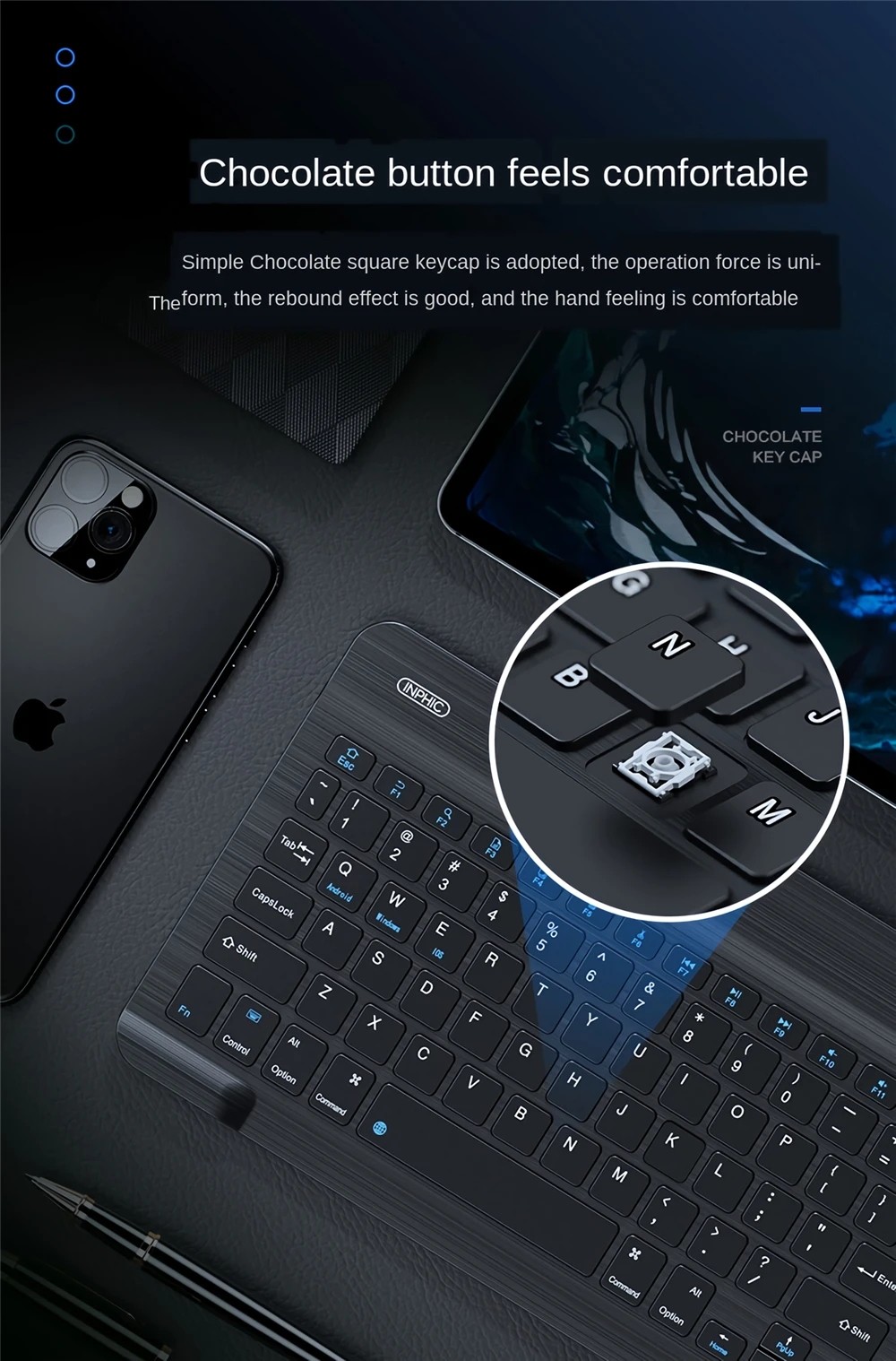 Inphic V750B Wireless Bluetooth Keyboard Chargeable Ultra-thin Waterproof Notebook Mobile Phone Universal Mini Rechargeable Keyboard for iPad Mobile Phone Tablet Android iOS Windows - Black